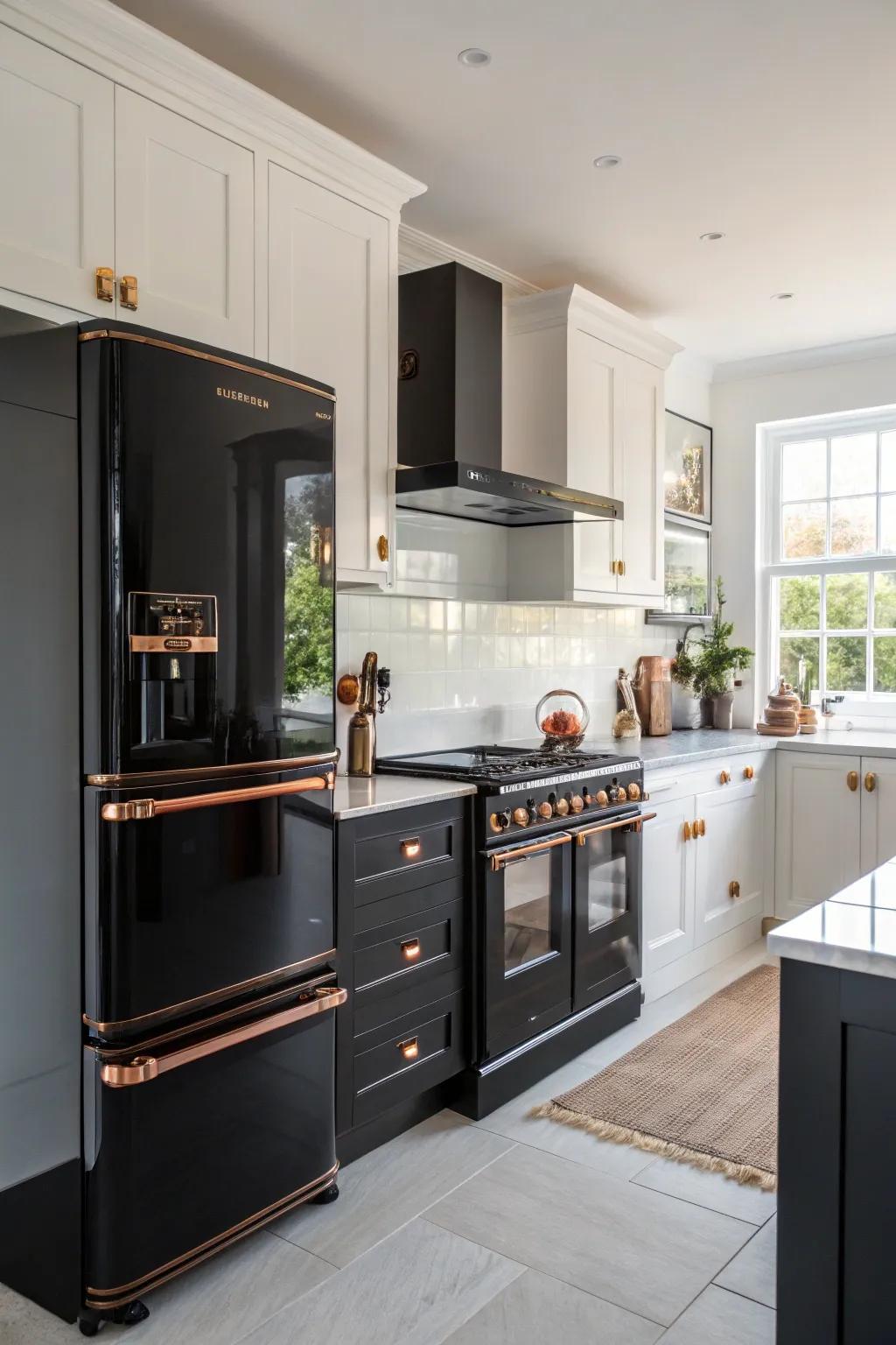 Copper-trimmed appliances unify the cooking area design for a harmonious style.