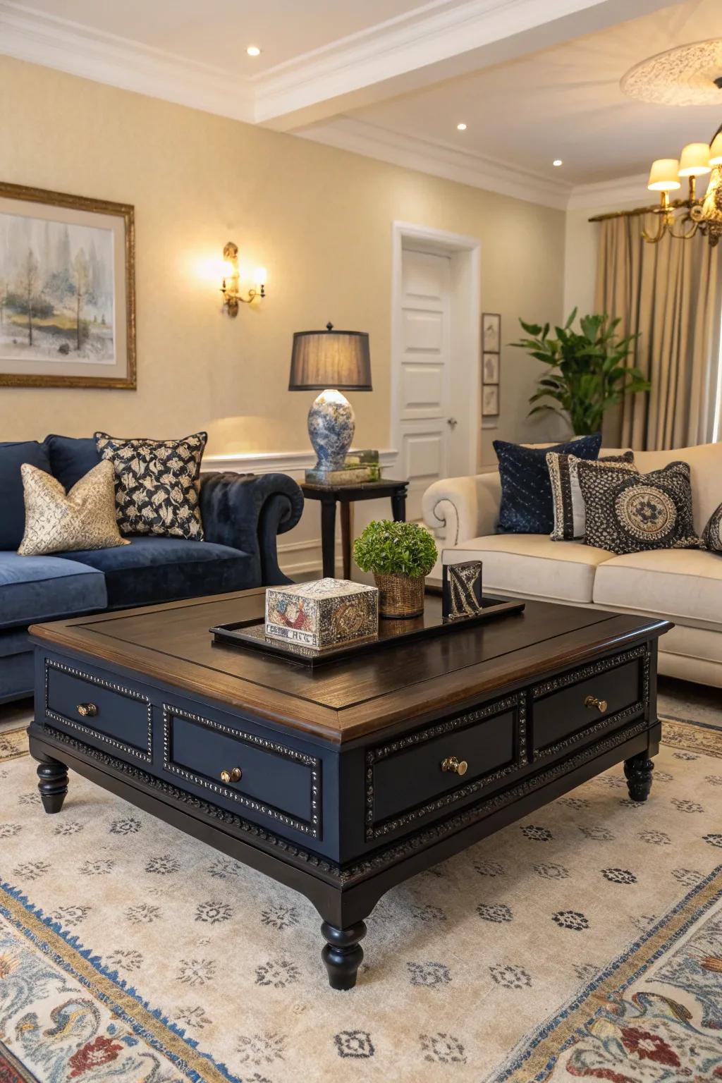 A shadowy and deep blue center table acts as a central hub.