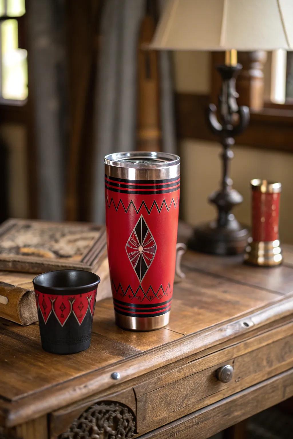 Classic vintage motifs in red and black for a retro flair.