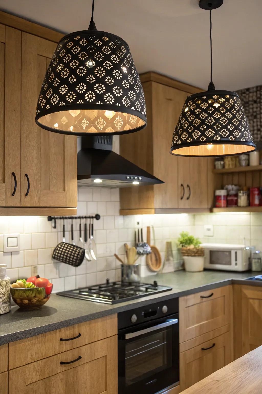 Patterned dark elements append a playful hint to the cooking area.