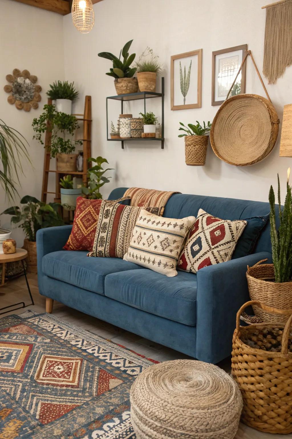 Boho textiles and decor forge an inviting cerulean sofa arrangement.