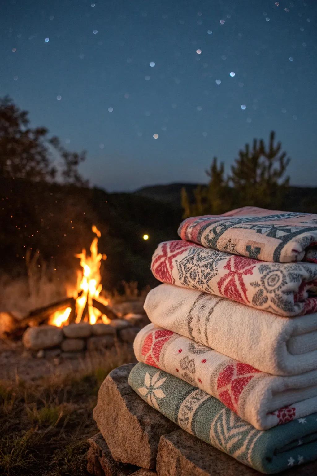 Cozy wraps prepared for guests as the night cools.