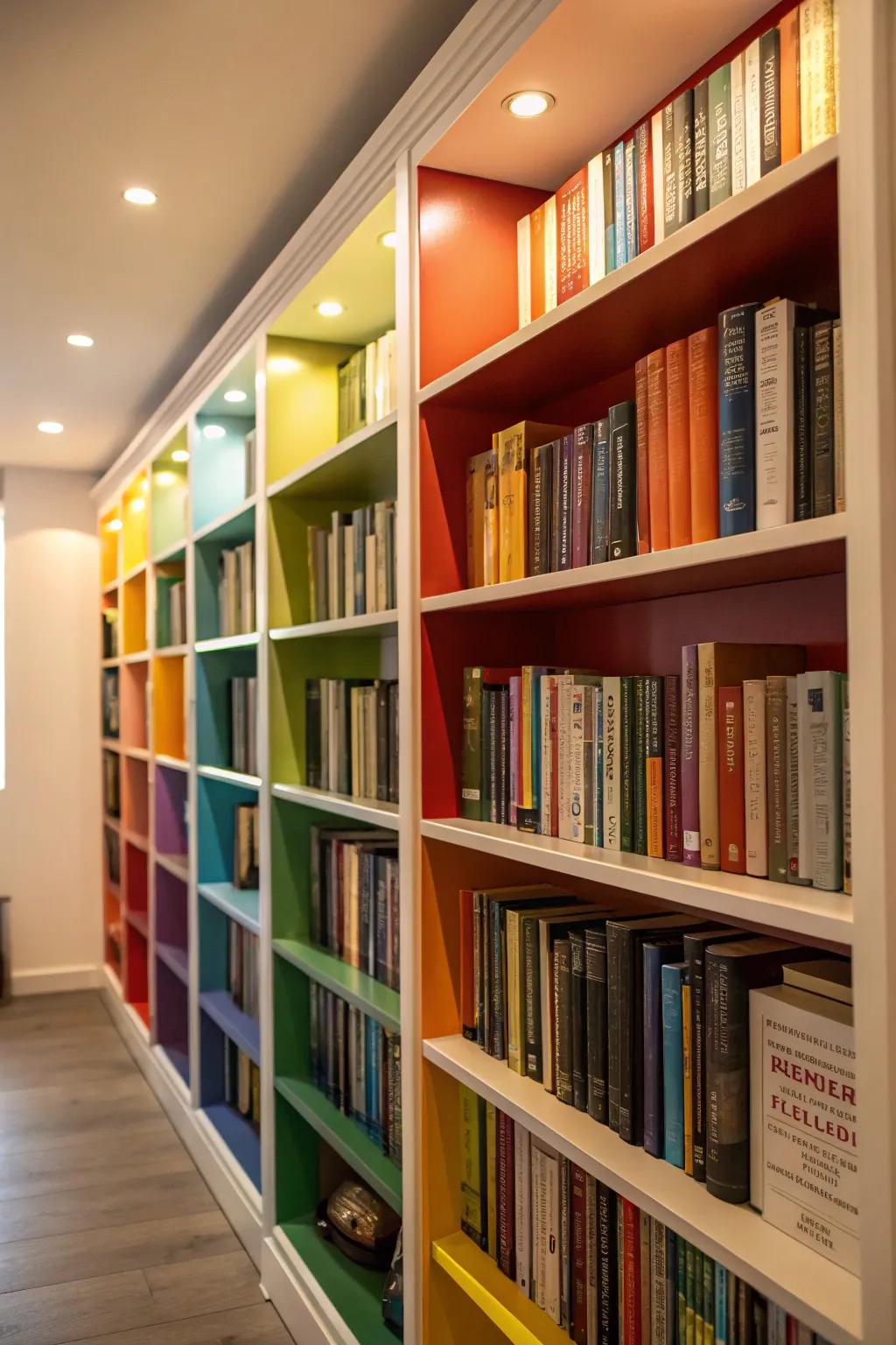 Colorful backing adding a lively twist to traditional bookcases.