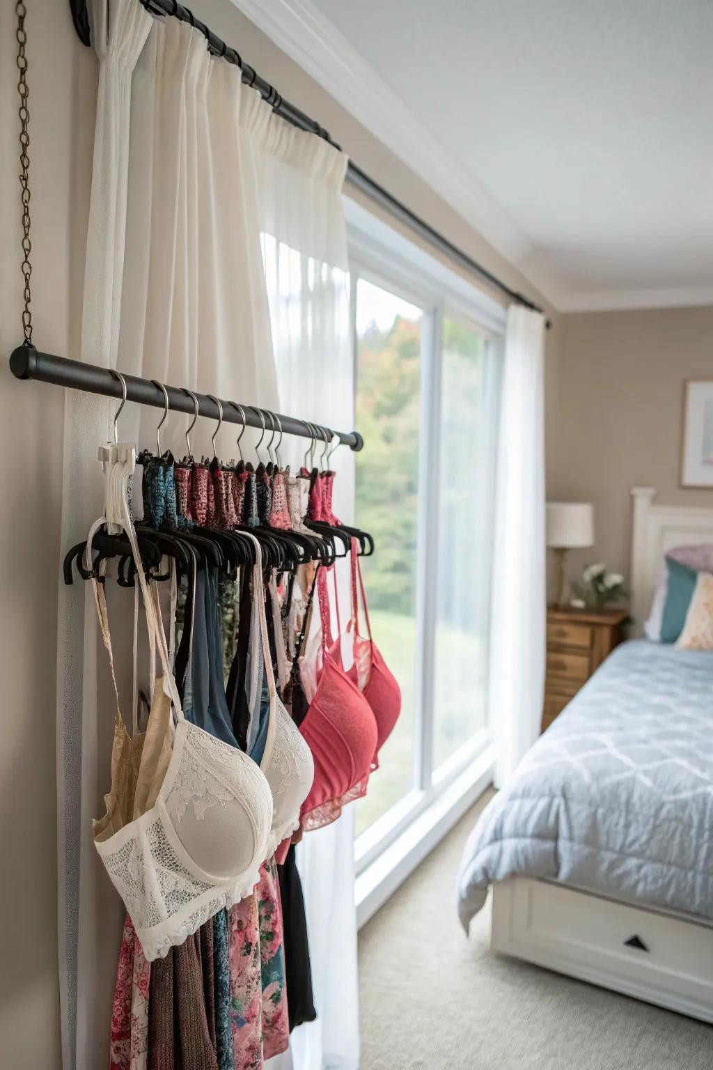 Repurpose a curtain rod for practical bra storage.