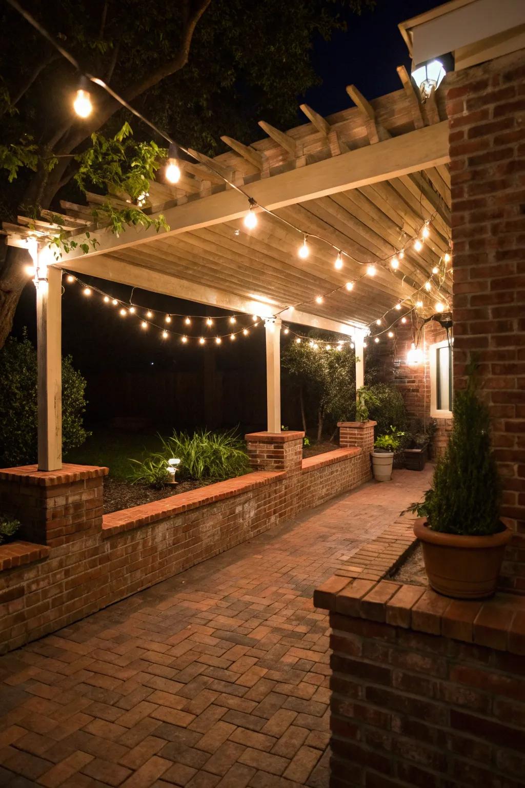 Chain lights create a magical ambiance in outdoor seating areas.
