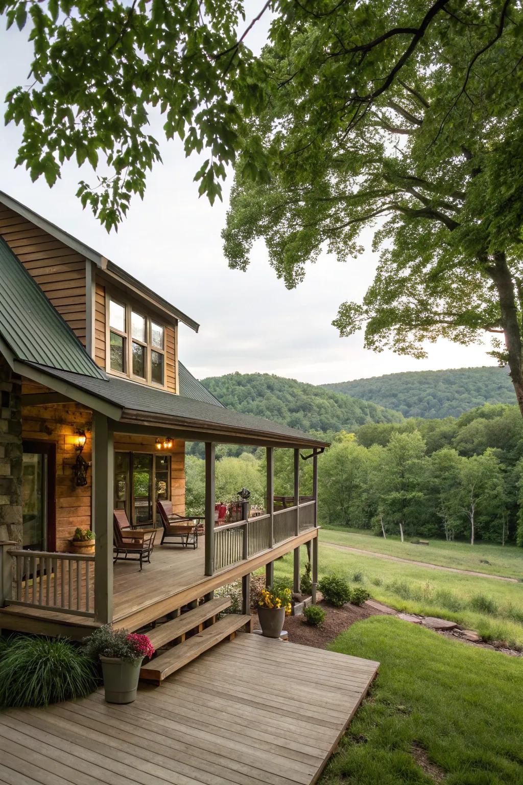 A wraparound deck enhances outdoor living and adds to the cabin's charm.