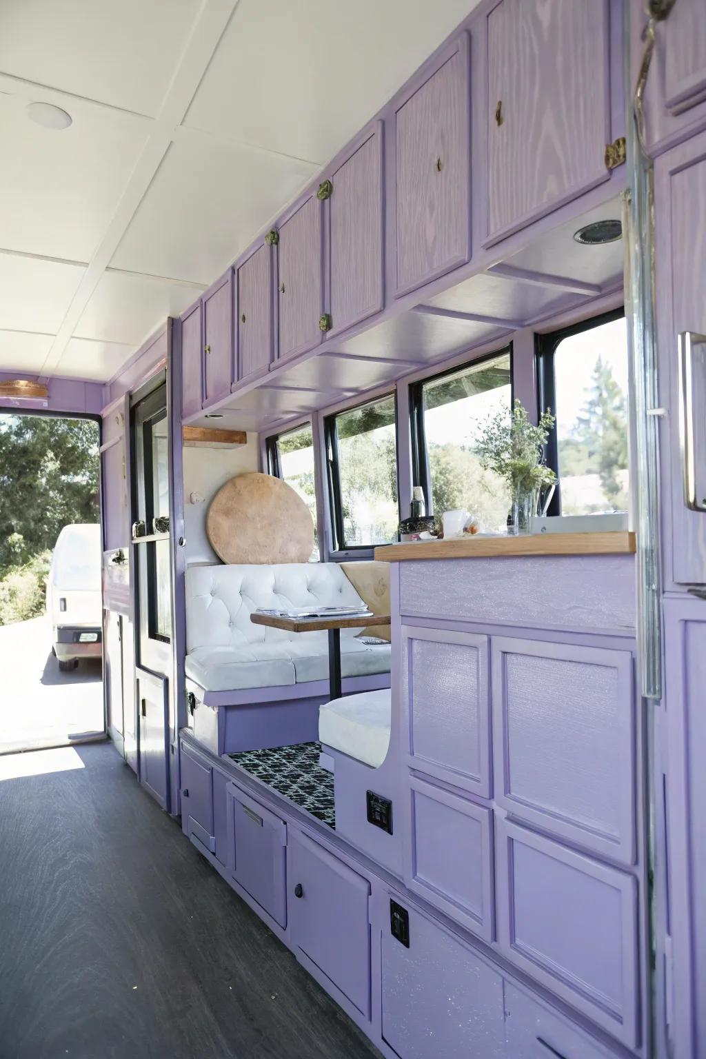 Lavender cabinets create a soothing atmosphere.