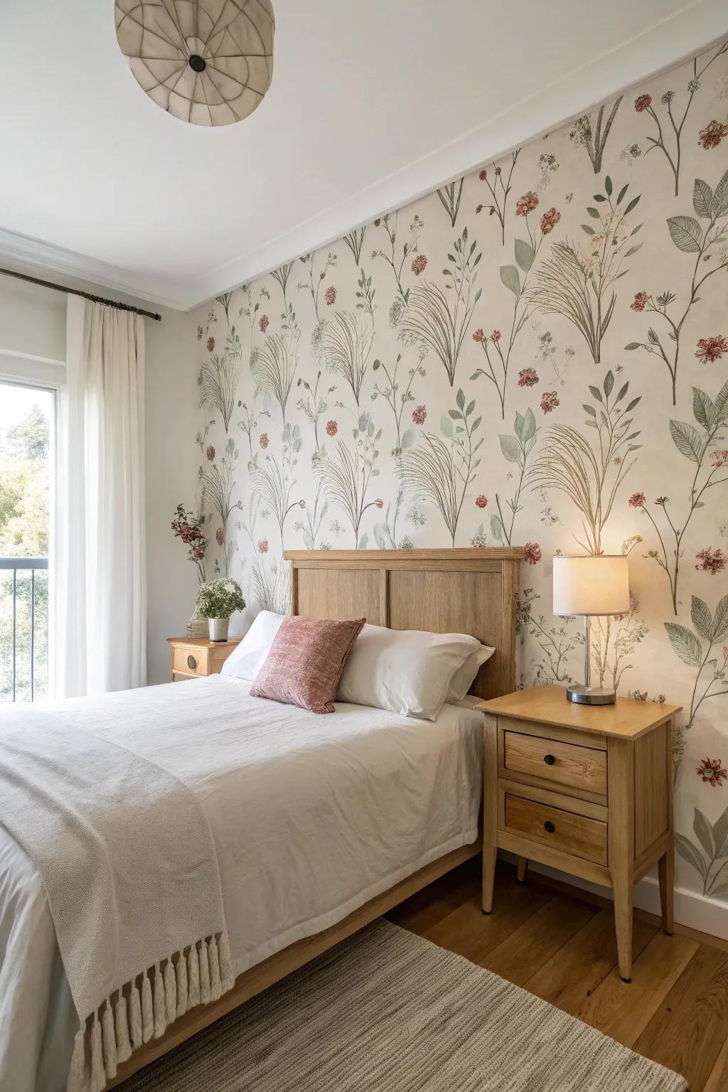 This bedroom features a feature wall with subtle botanical wallpaper that adds interest.