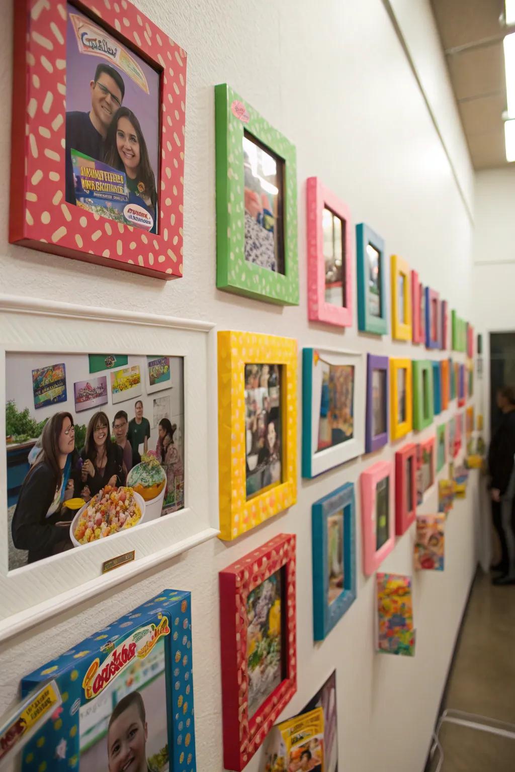 A wall showcasing a photo compilation of the gathering in grains-themed frames.
