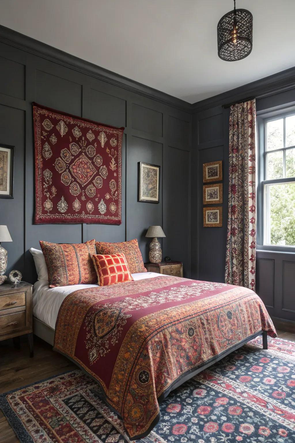 Strong patterns enliven a deep slate-themed bedroom.