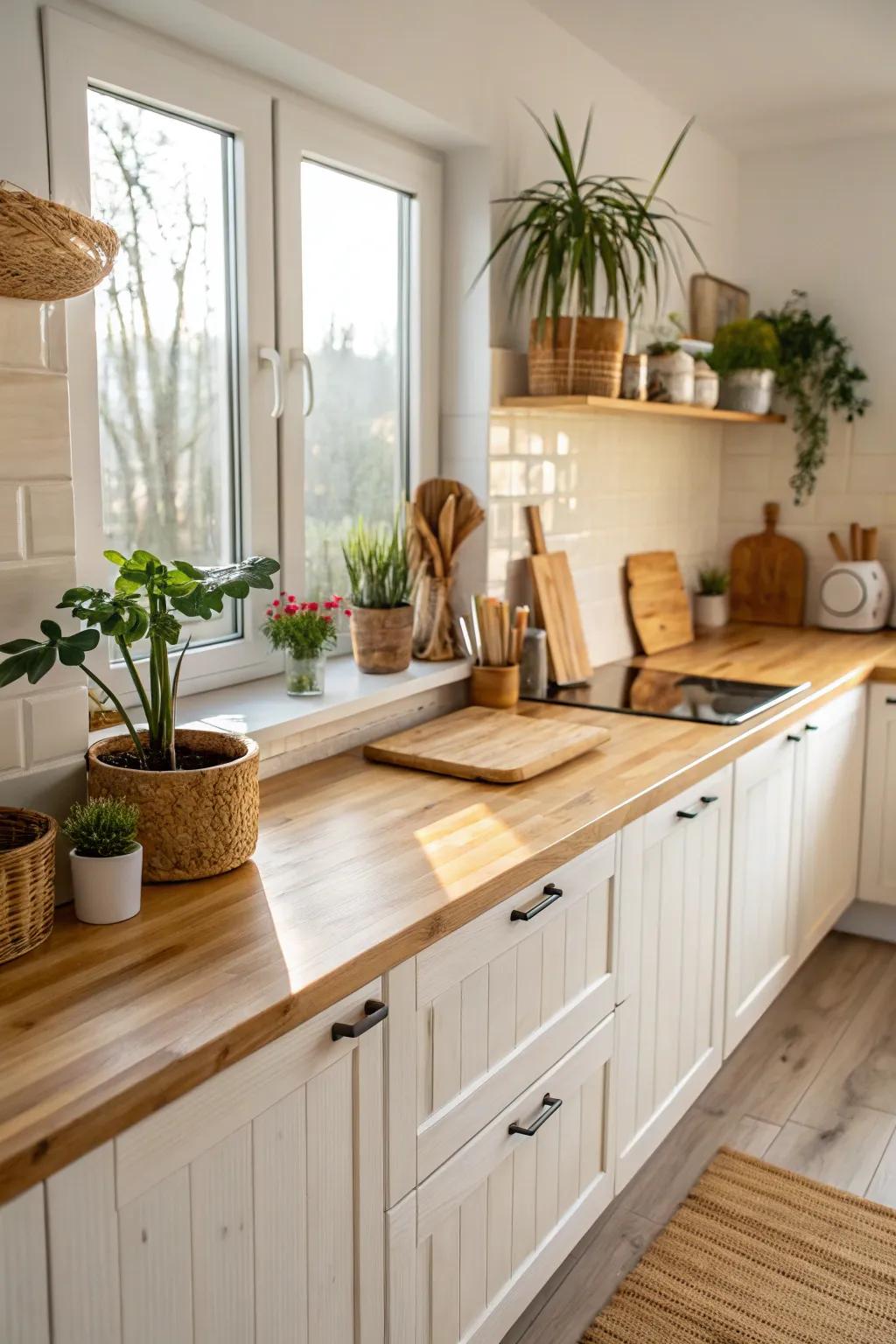 An environmentally conscious kitchen featuring sustainable bamboo countertops.