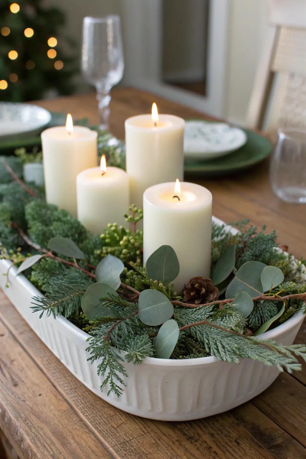 A sparse white happiness centerpiece gifts tranquil holiday charm.