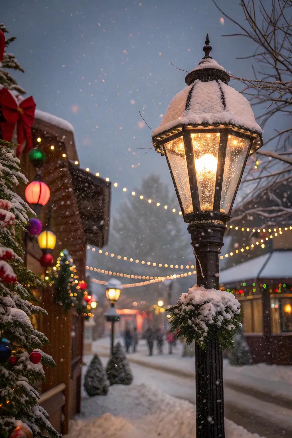 A snow-dusted effect enriches the festive character of a lamp post.