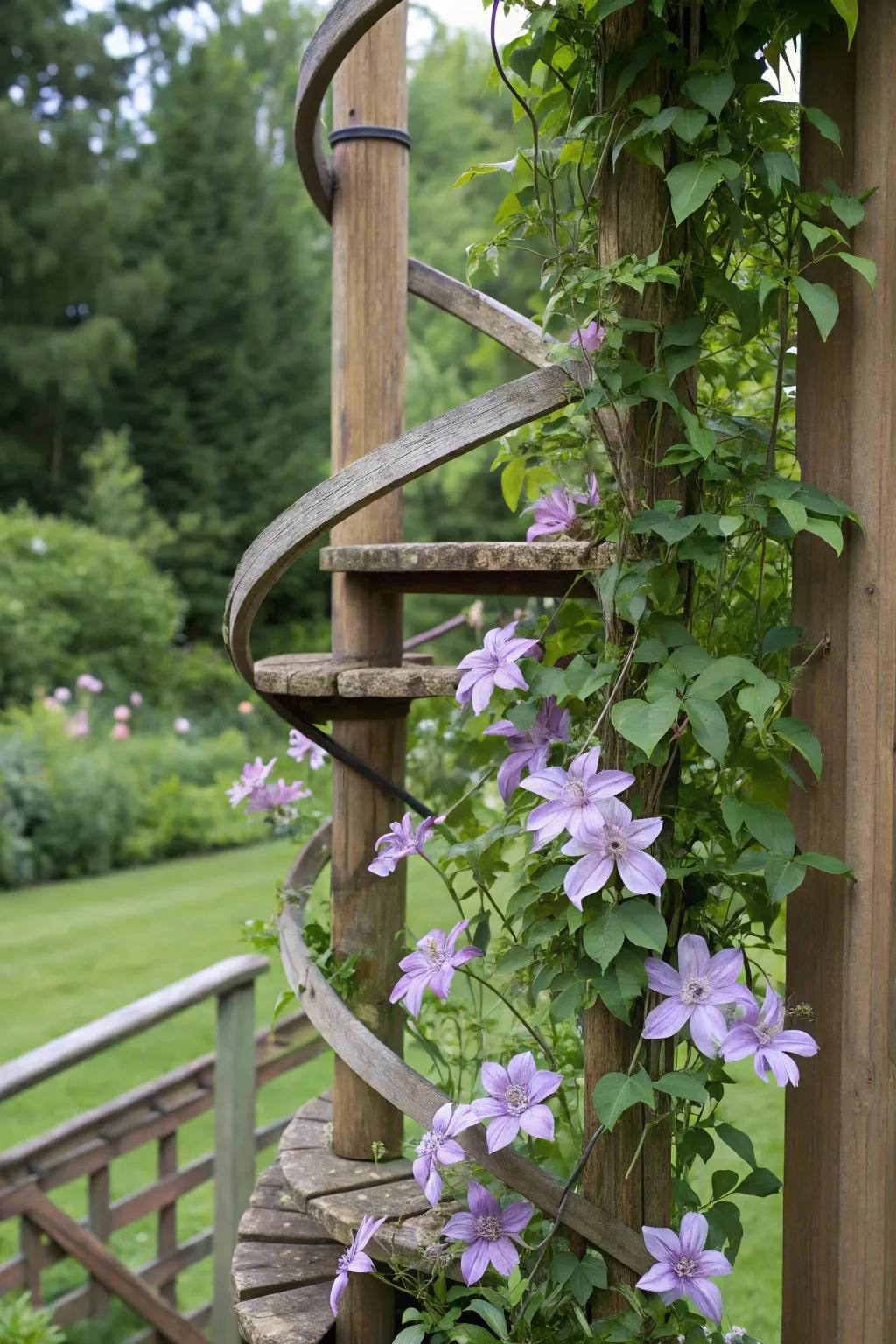 A coiled trellis spawns a dynamic visual with clematis vines.