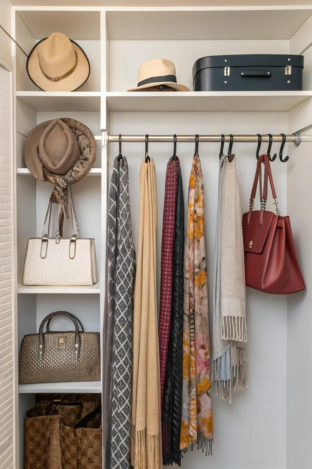Integrated hooks create versatile storage for all your essential closet accessories.