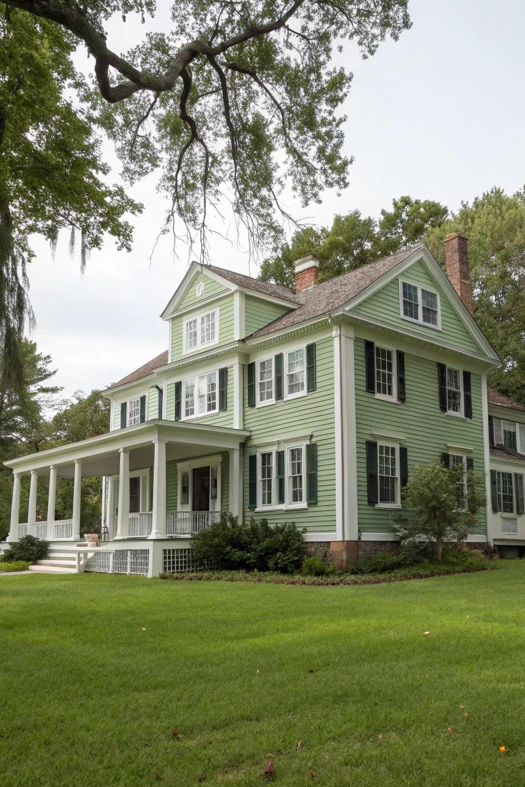 Colonial home with muted leaf shade siding and snow shade trim.