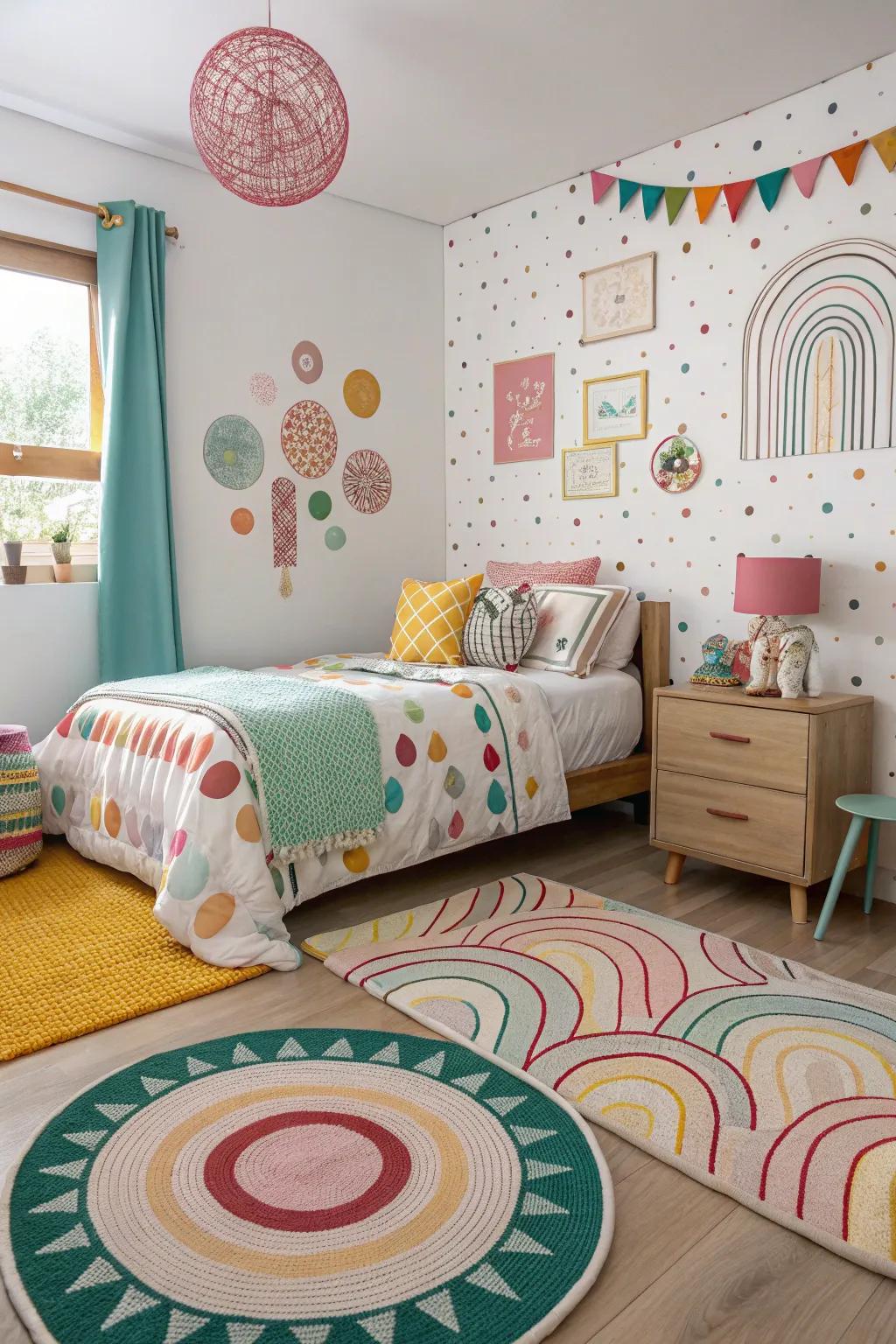 Quirky elements add playfulness to this bedroom.