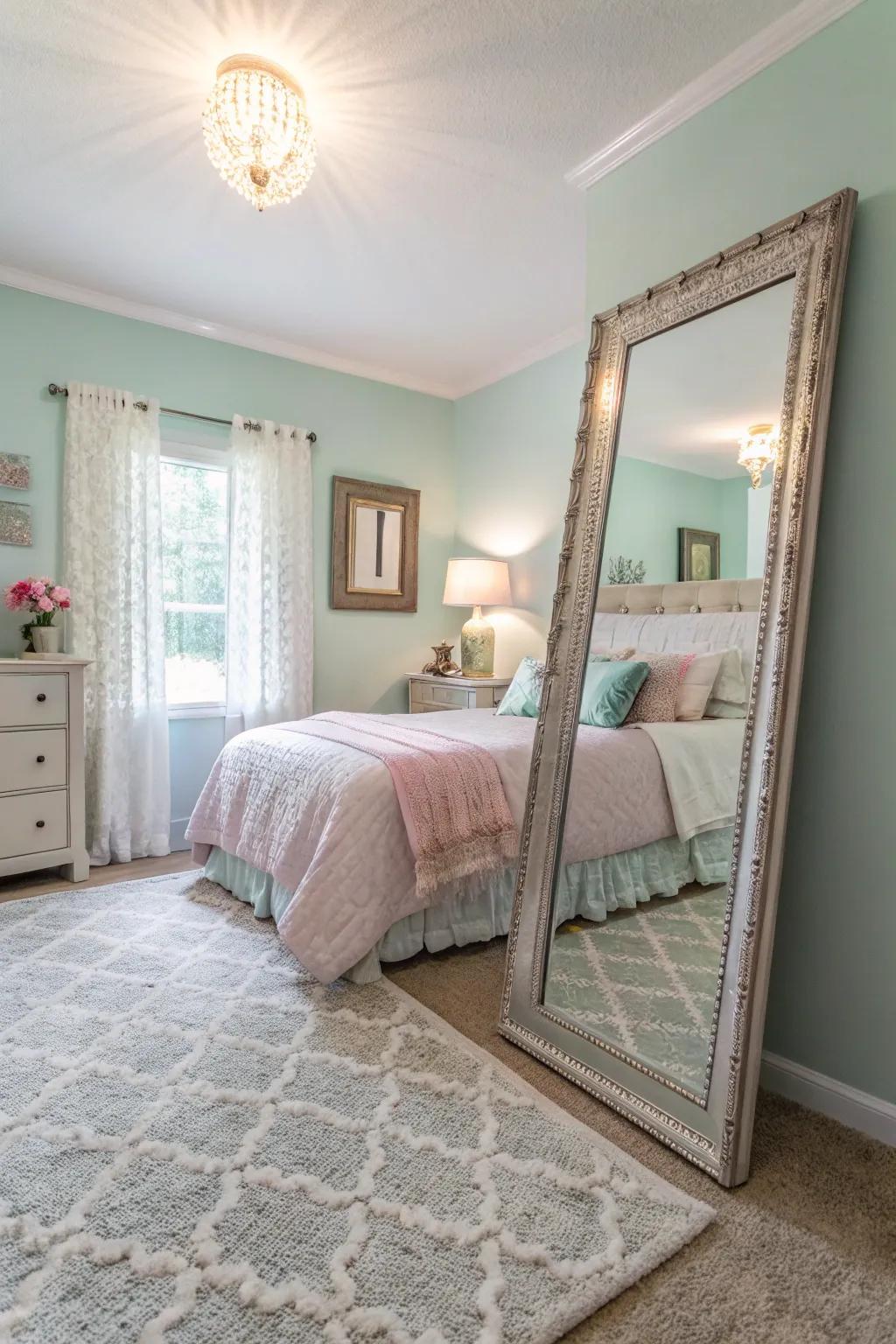 A mirror enhances light and space in the bedroom.
