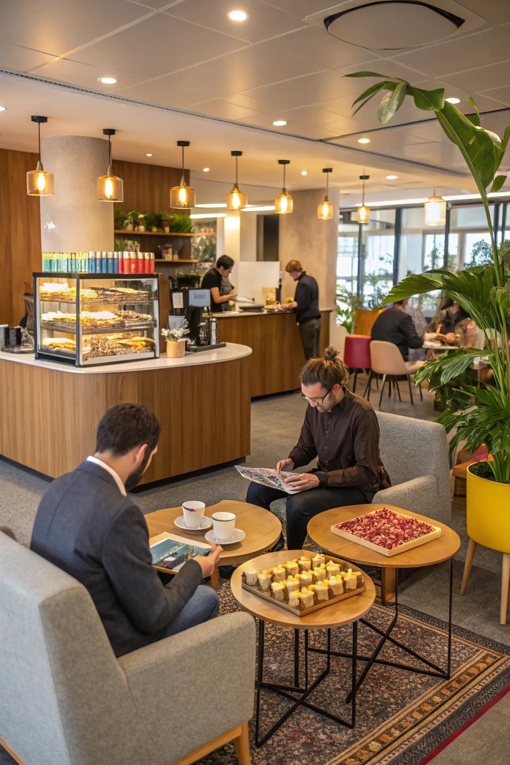Office space with a bistro ambiance for informal interactions and relaxation.