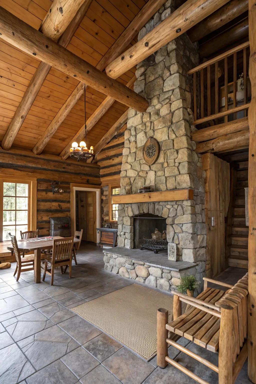 Stonework beautifully contrasts with wood in a log cabin interior, adding texture and visual interest.