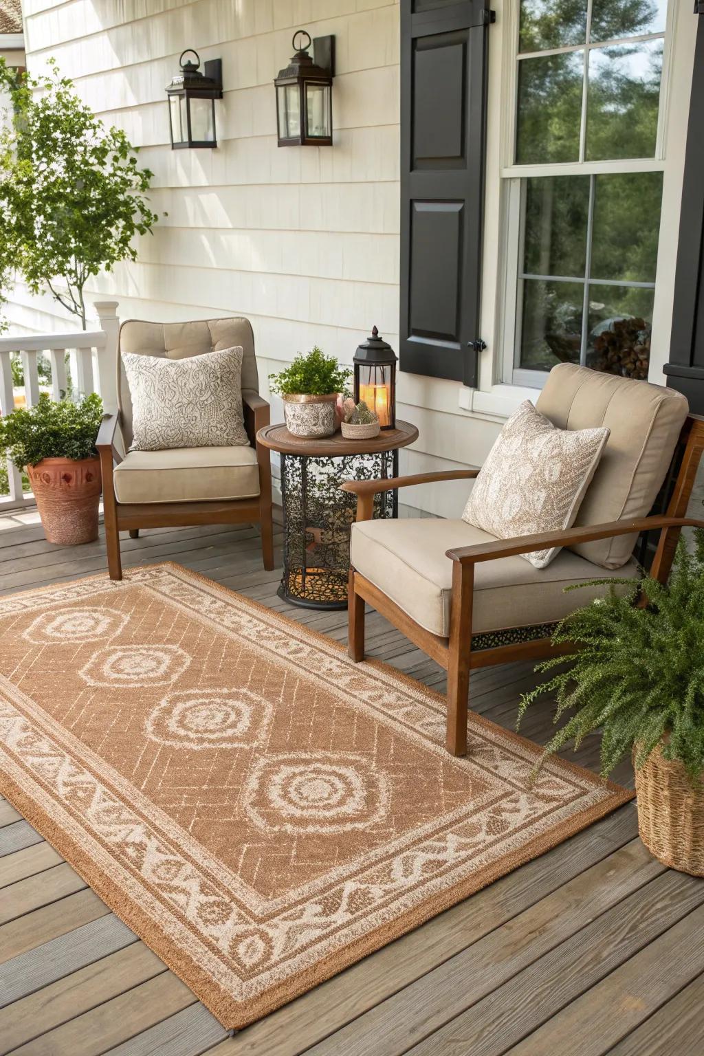 An outdoor rug lends warmth and comfort beneath your feet.