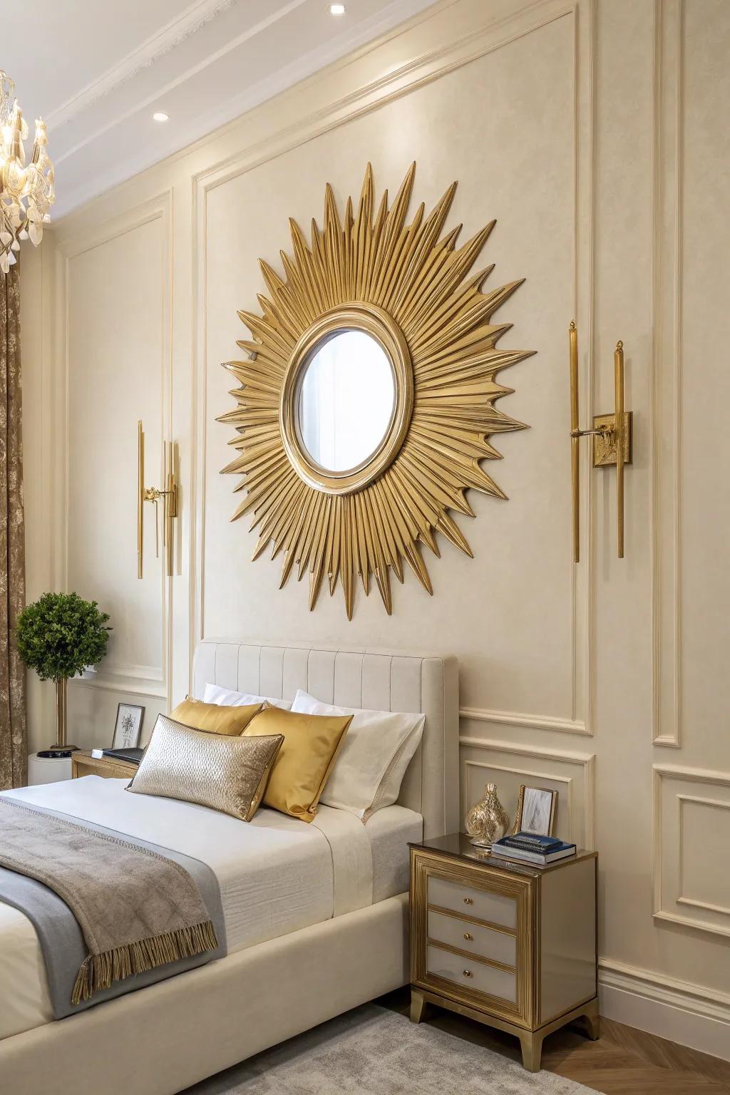 A gilt sunburst looking glass injects dramatic flair and polish.