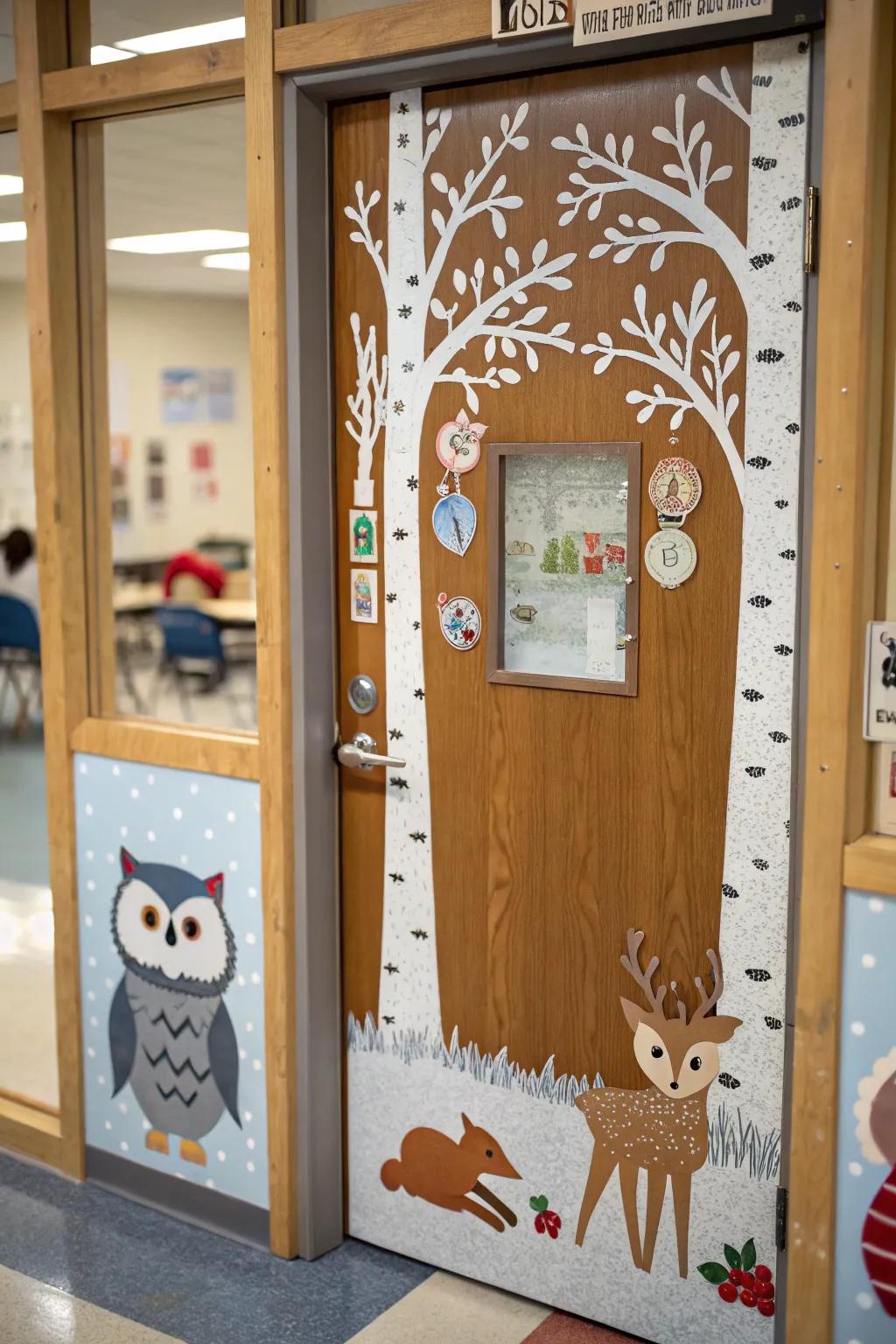 An educational doorway showcasing a charming wintry arboreal theme, replete with playful creatures.