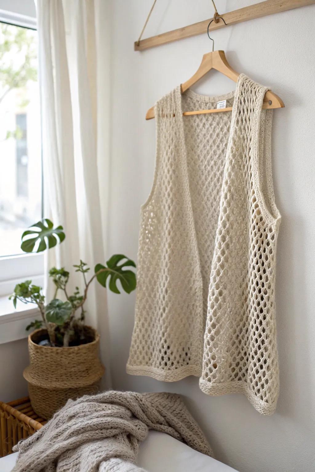 Embrace contemporary elegance with this stunning netting crochet vest – where minimalism meets boho chic.