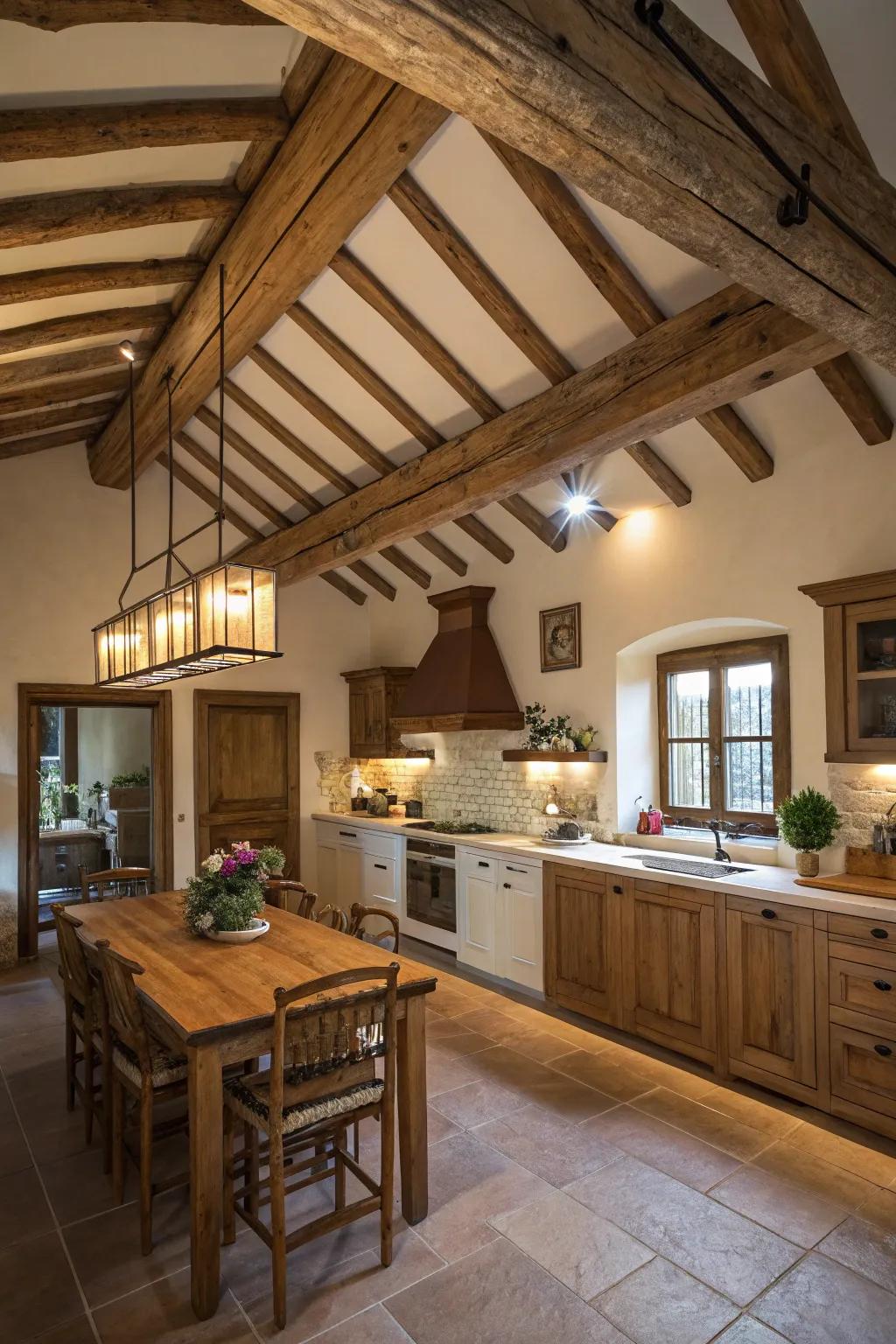 A statement ceiling adds a unique and cozy touch to the kitchen.
