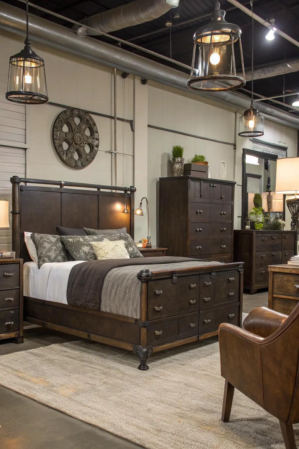 Industrial elements introduce contemporary contrast to deep brown decor.