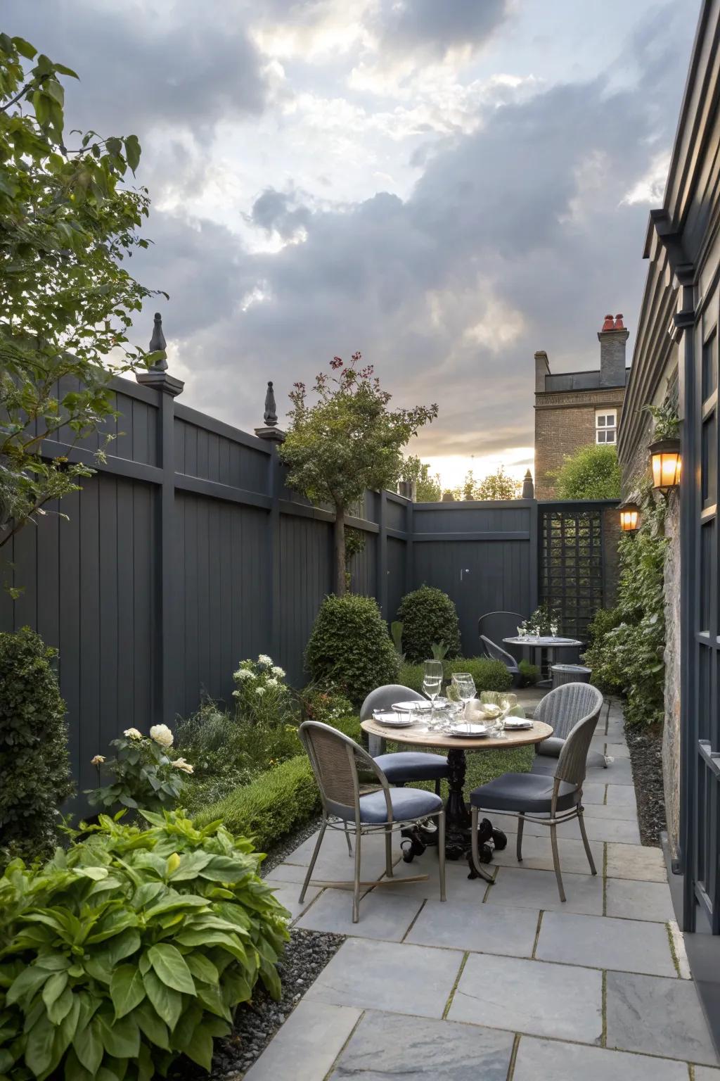 A chic courtyard with a charcoal-toned enclosure, perfect for intimate gatherings.