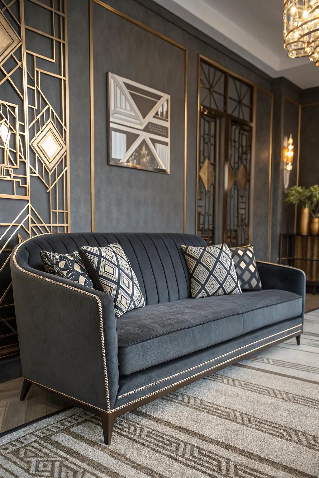 Art Deco elements offer a vintage-modern flair to a gray couch sector.