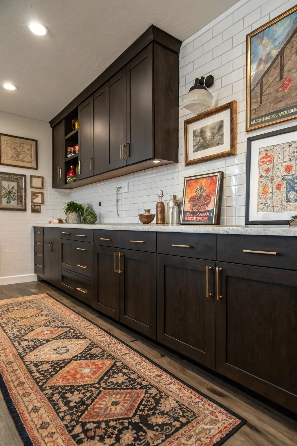 Eclectic touches like art pieces and vintage rugs inject personal flair.