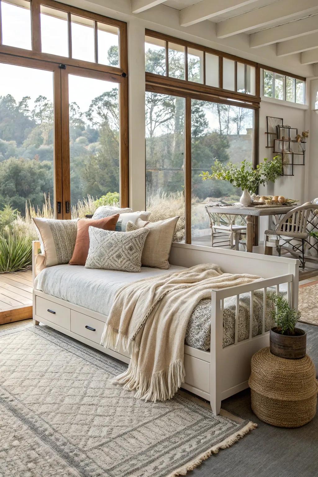A multi-functional area featuring a daybed that serves dual roles.
