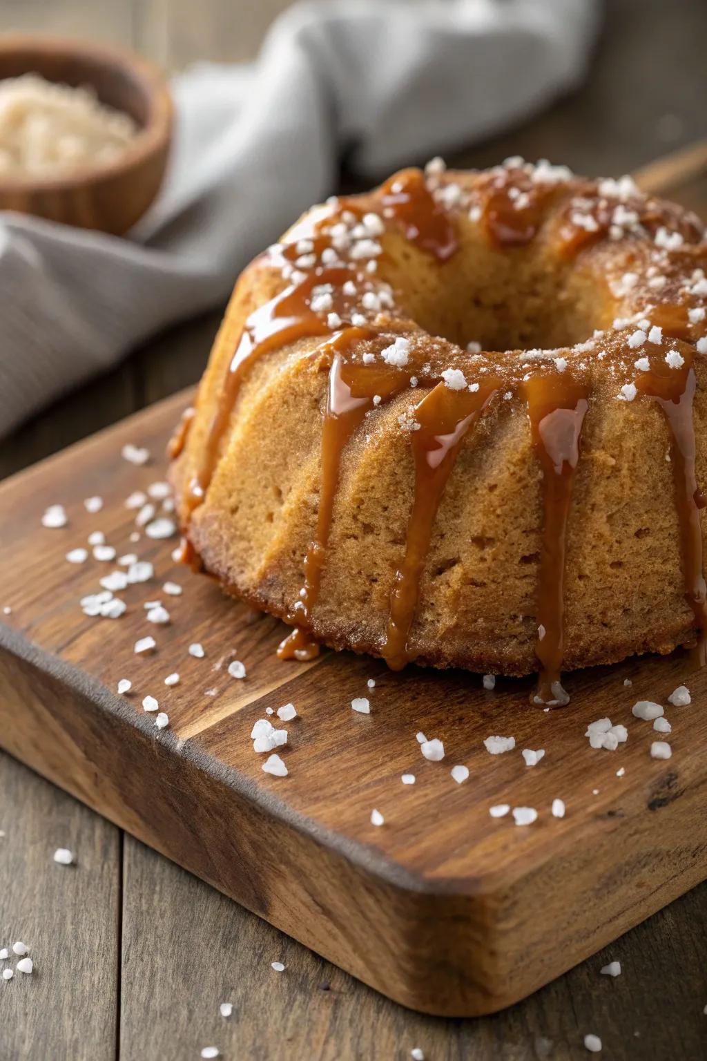 A ring cake graced with a lavish salty caramel drizzle, sprinkled with delicate sea crystals.