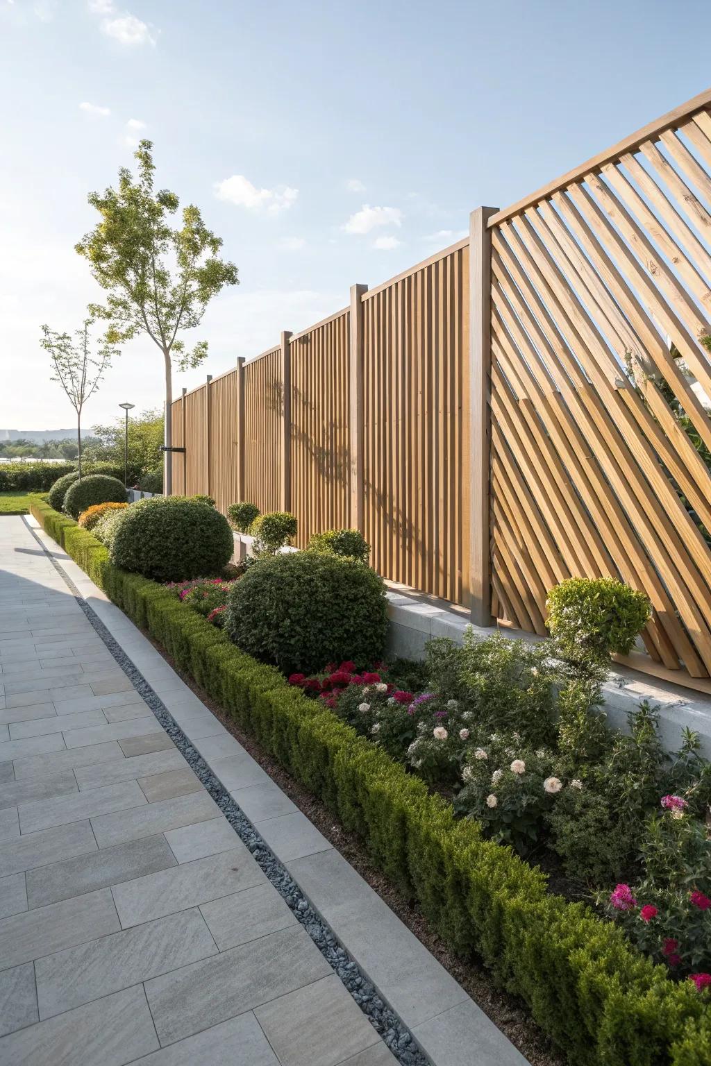 Askew battens append a contemporary convolution to barrier blueprints.