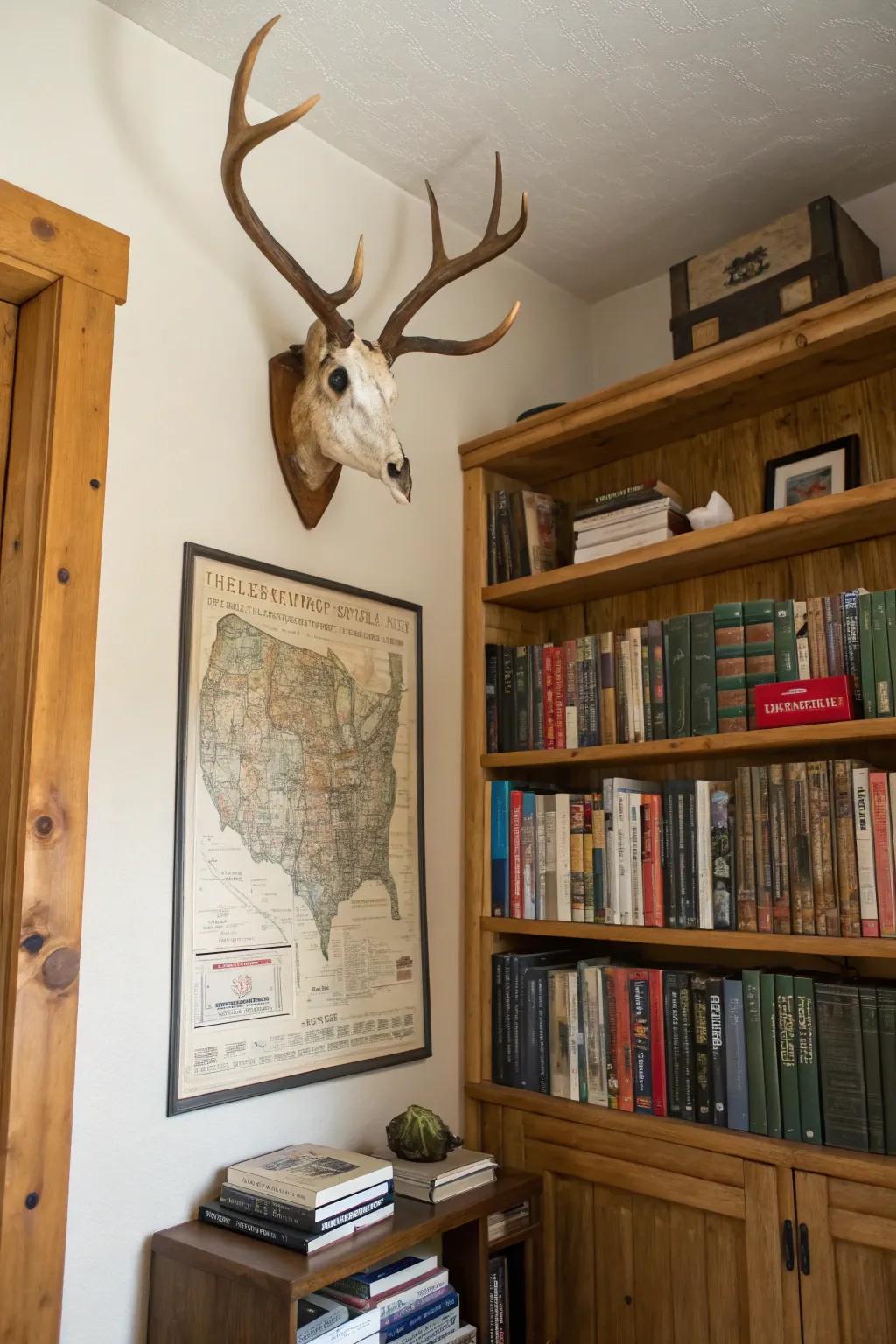 A vintage chart backdrop introduces an adventurous theme to a deer skull display.