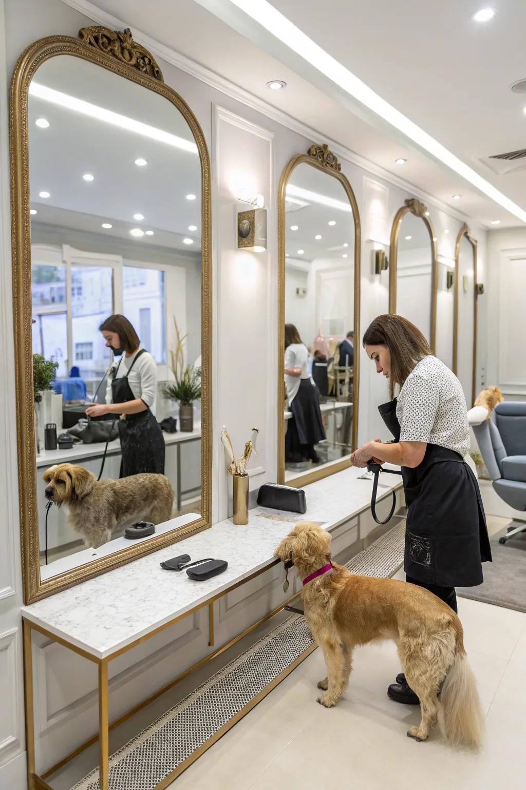 Mirrors enhancing the sense of space and elegance in the salon.
