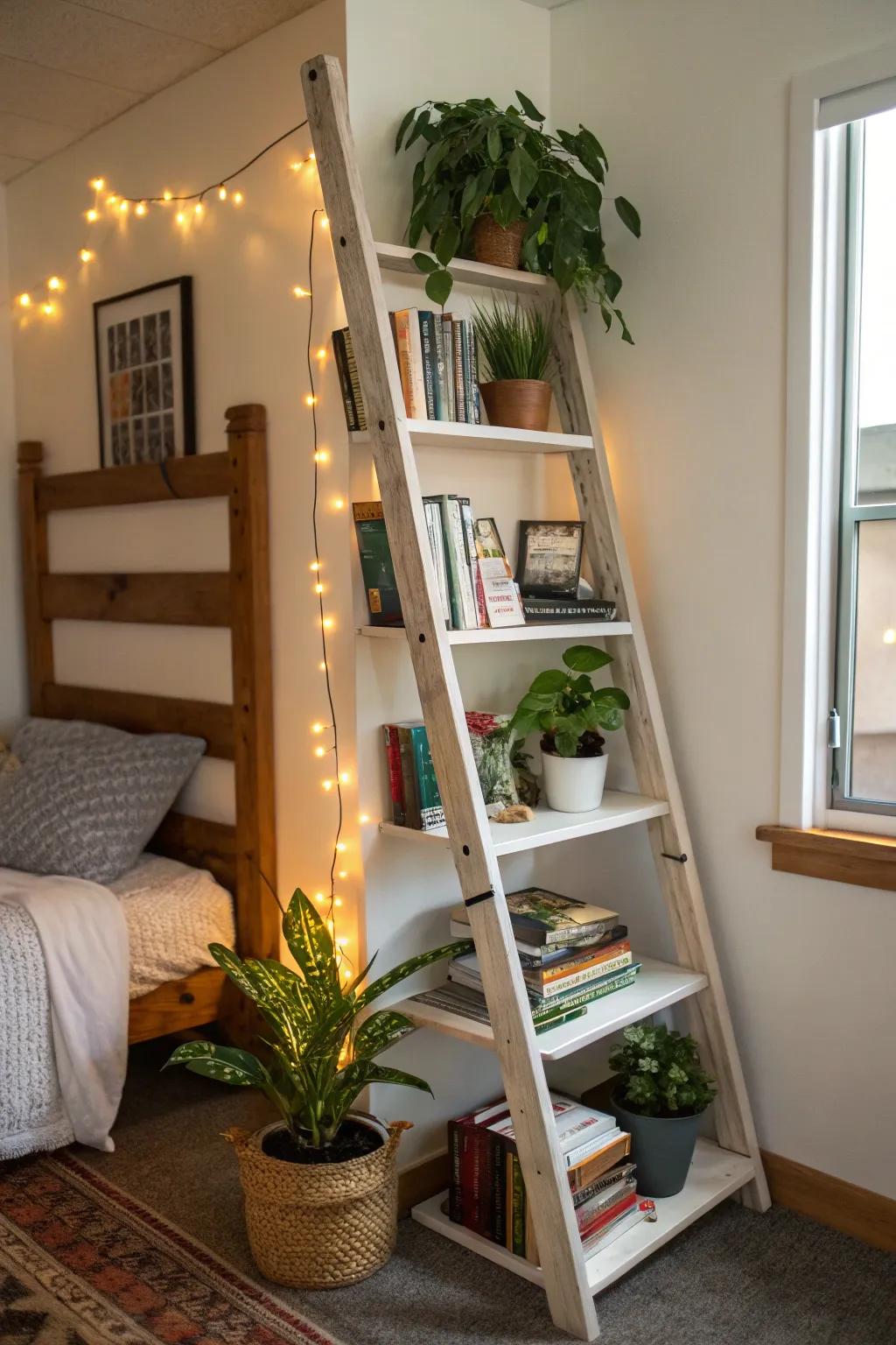A ladder rack adds character and stowing to your dorm.