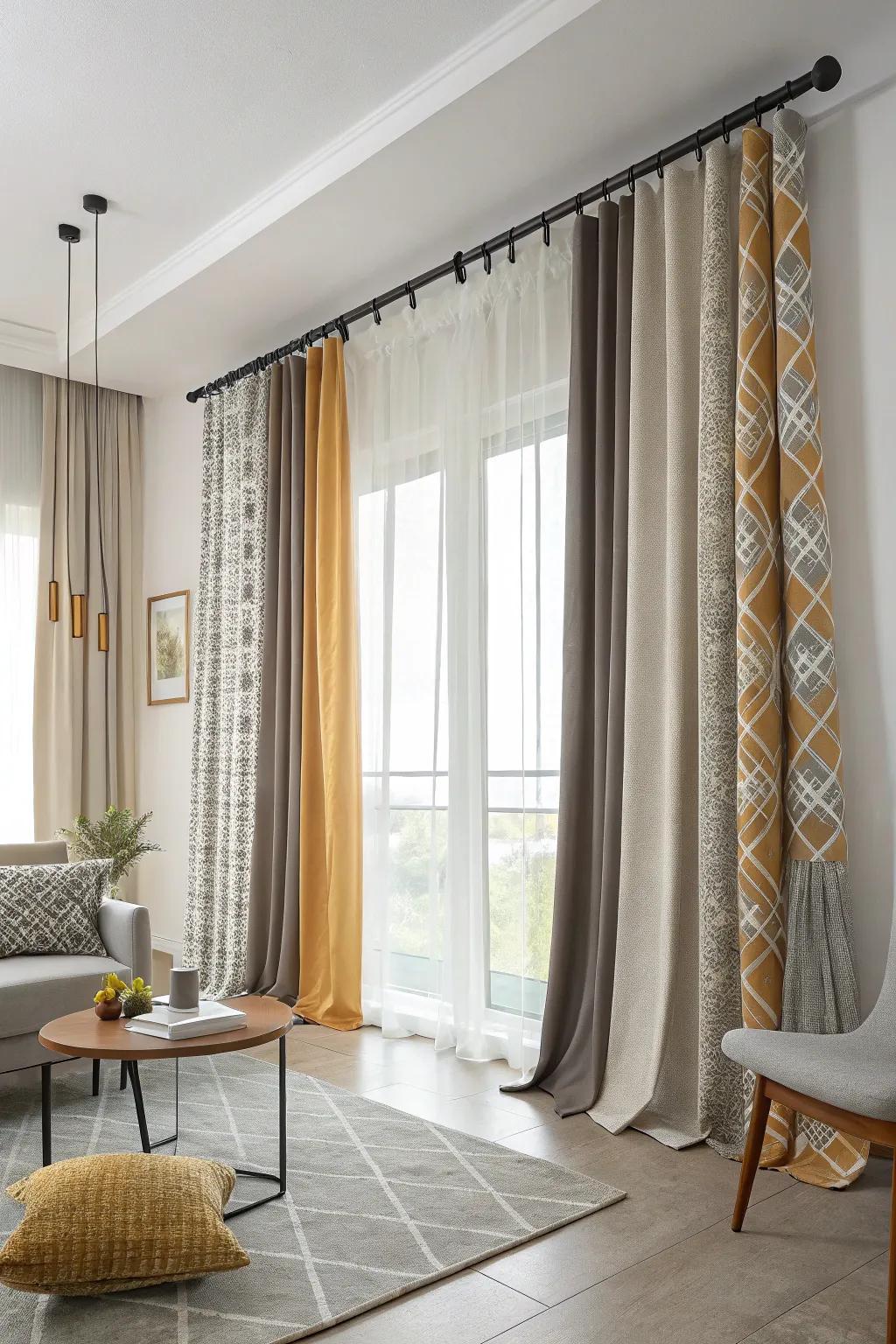 A mix of curtain lengths creates a captivating visual rhythm.