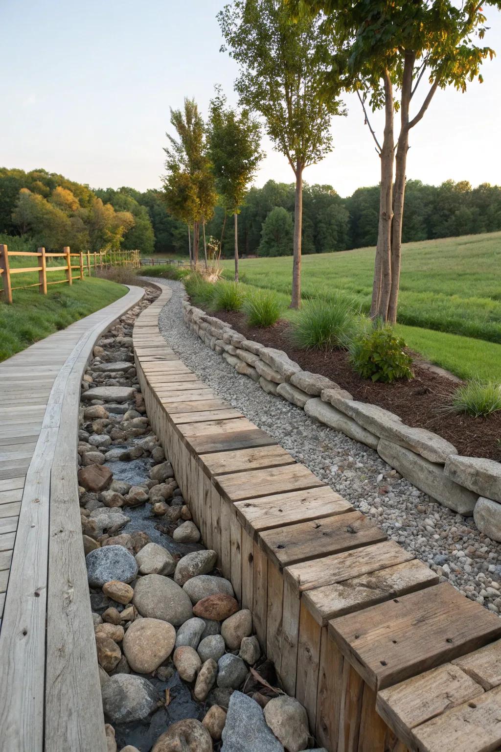 Reclaimed resources contribute both persona and sustainability to a swale.