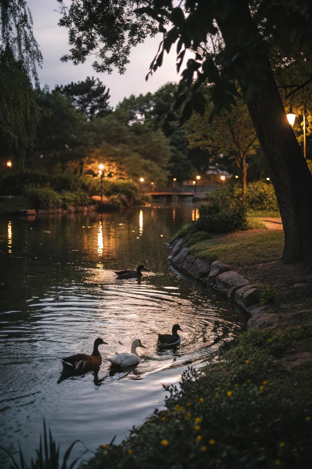 Gentle radiance transforms a pond into a twilight attraction.