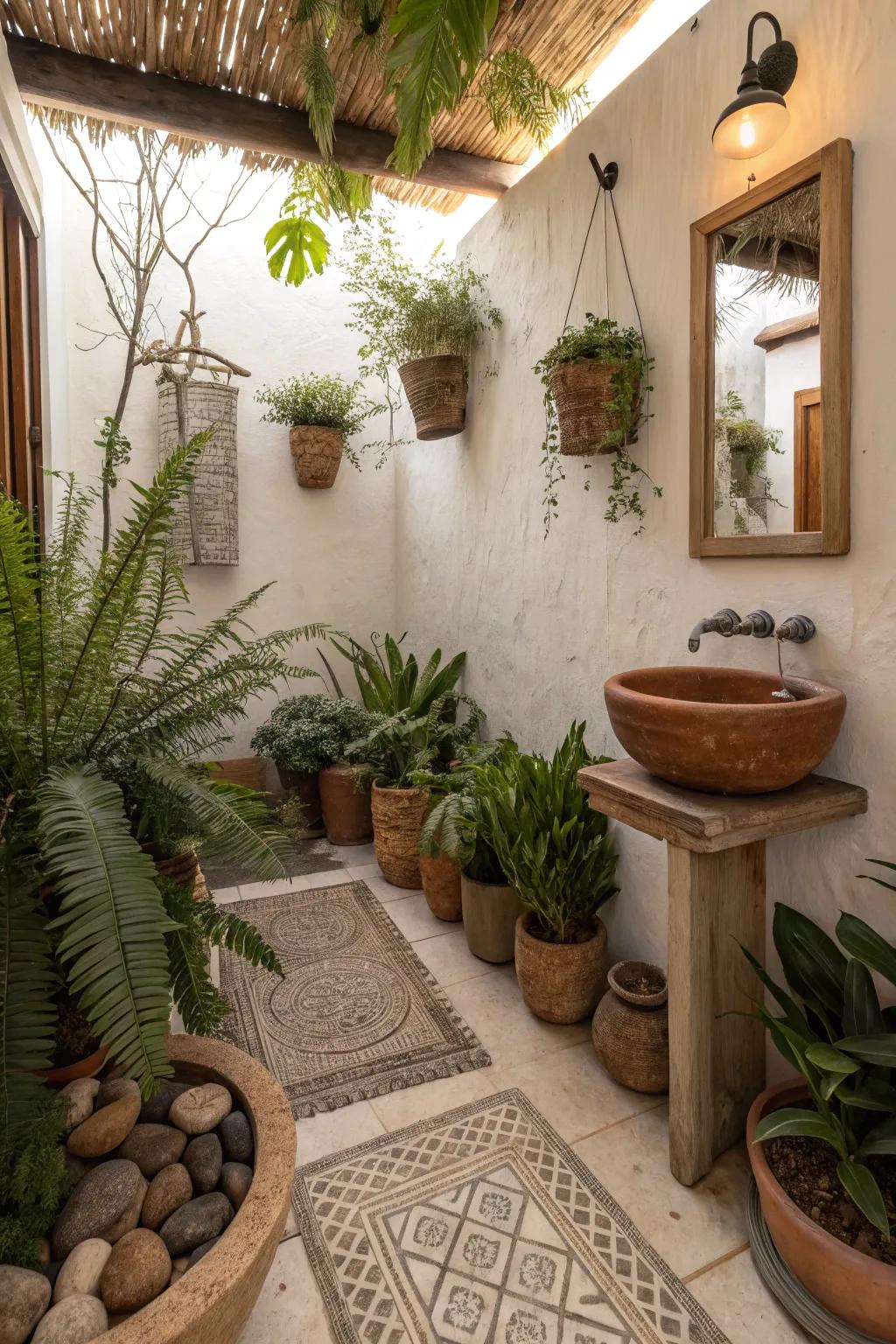 Clay pots for plants enhance the natural theme of the restroom.