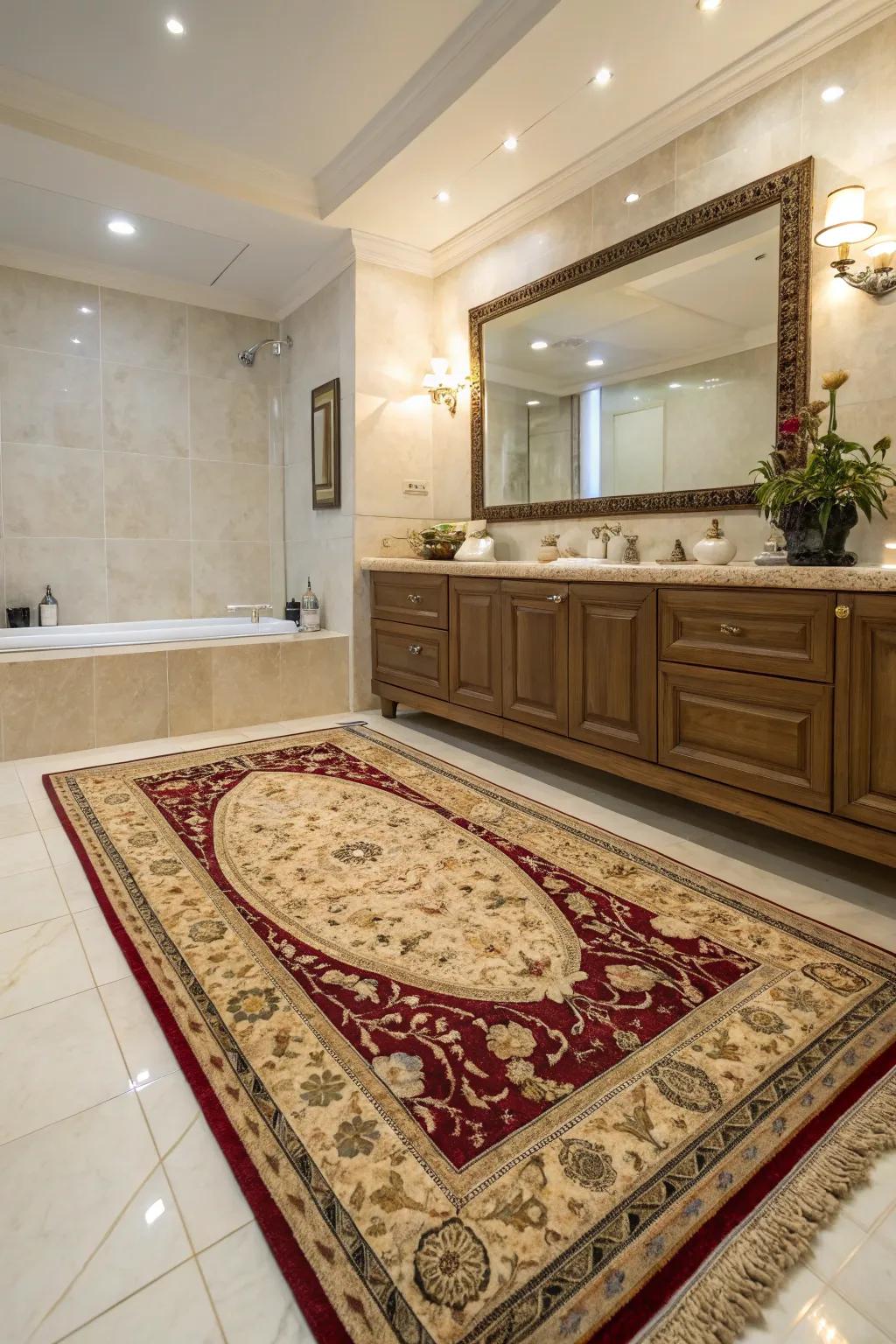 A deluxe floorcloth adds warmth and elegance to this bathroom.