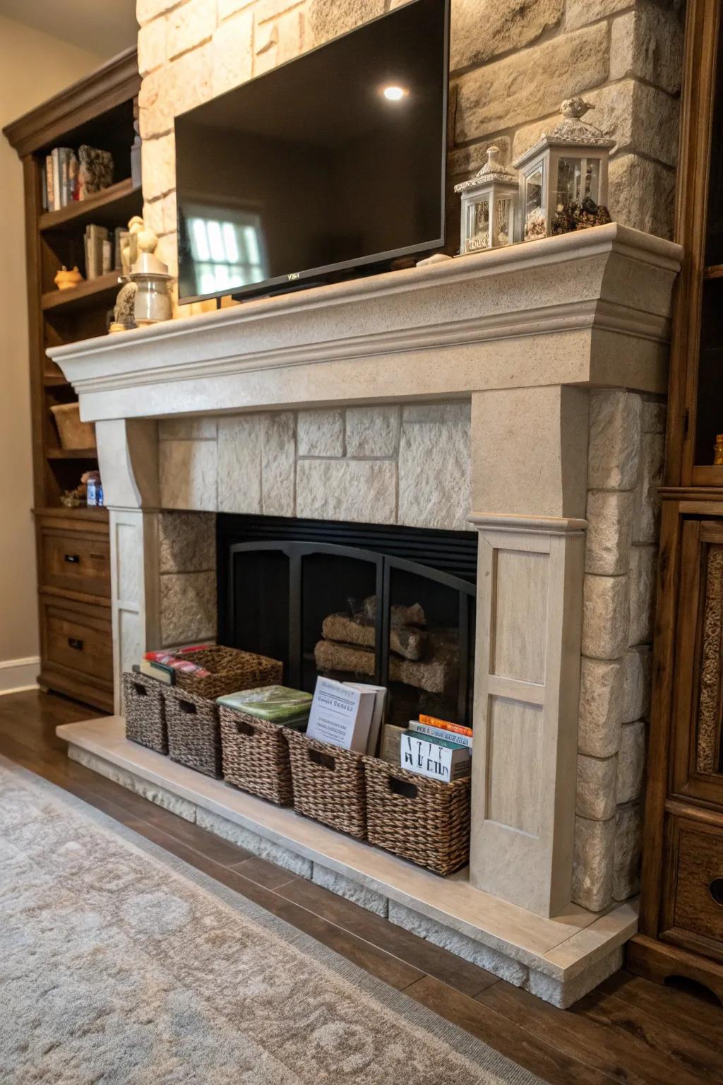 Incorporate functionality using hidden storing in your fireplace.