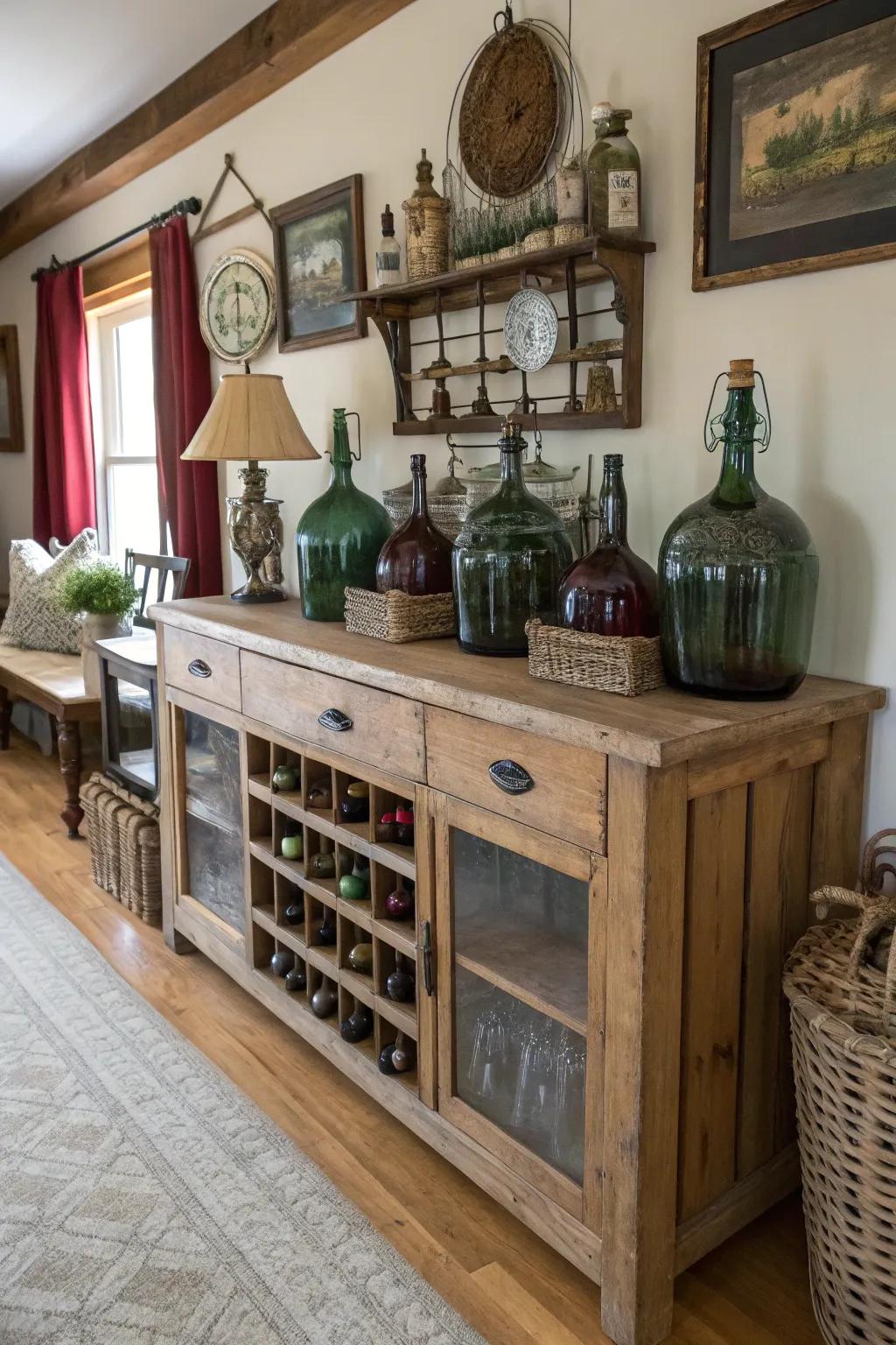 Add vintage charm with crated demijohn-style bottles.
