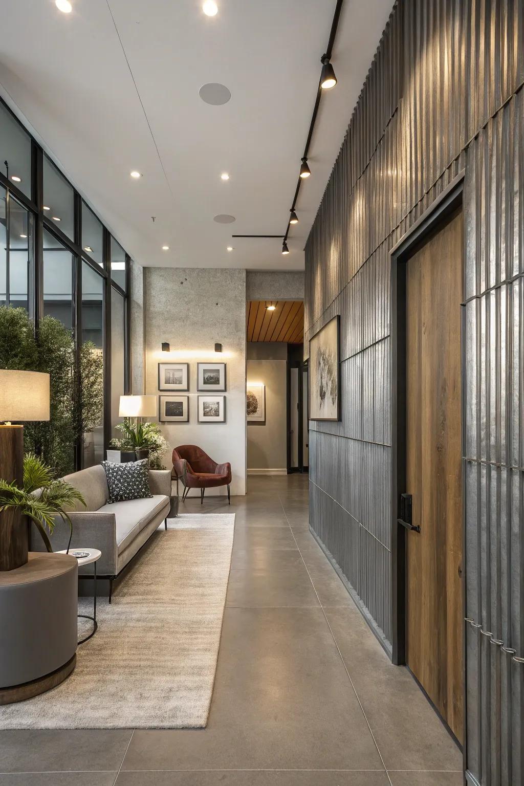 Industrial metallic boards deliver a sleek and edgy entryway style.