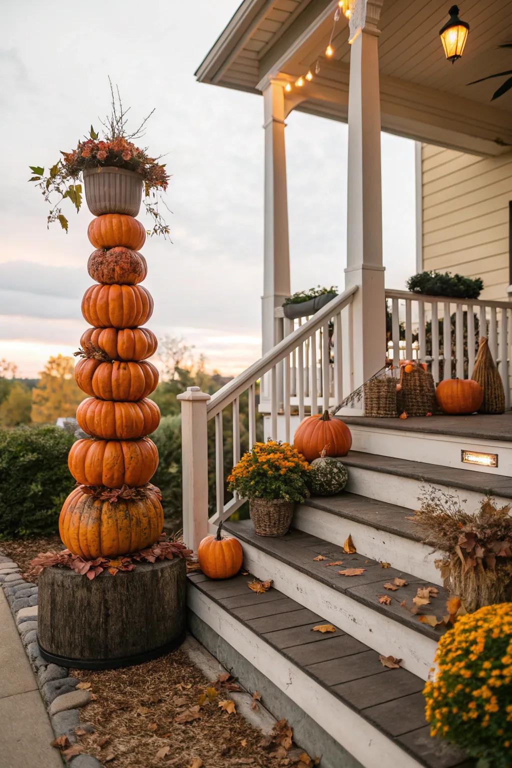 A pumpkin topiary adds height and creative flair to your fall porch.
