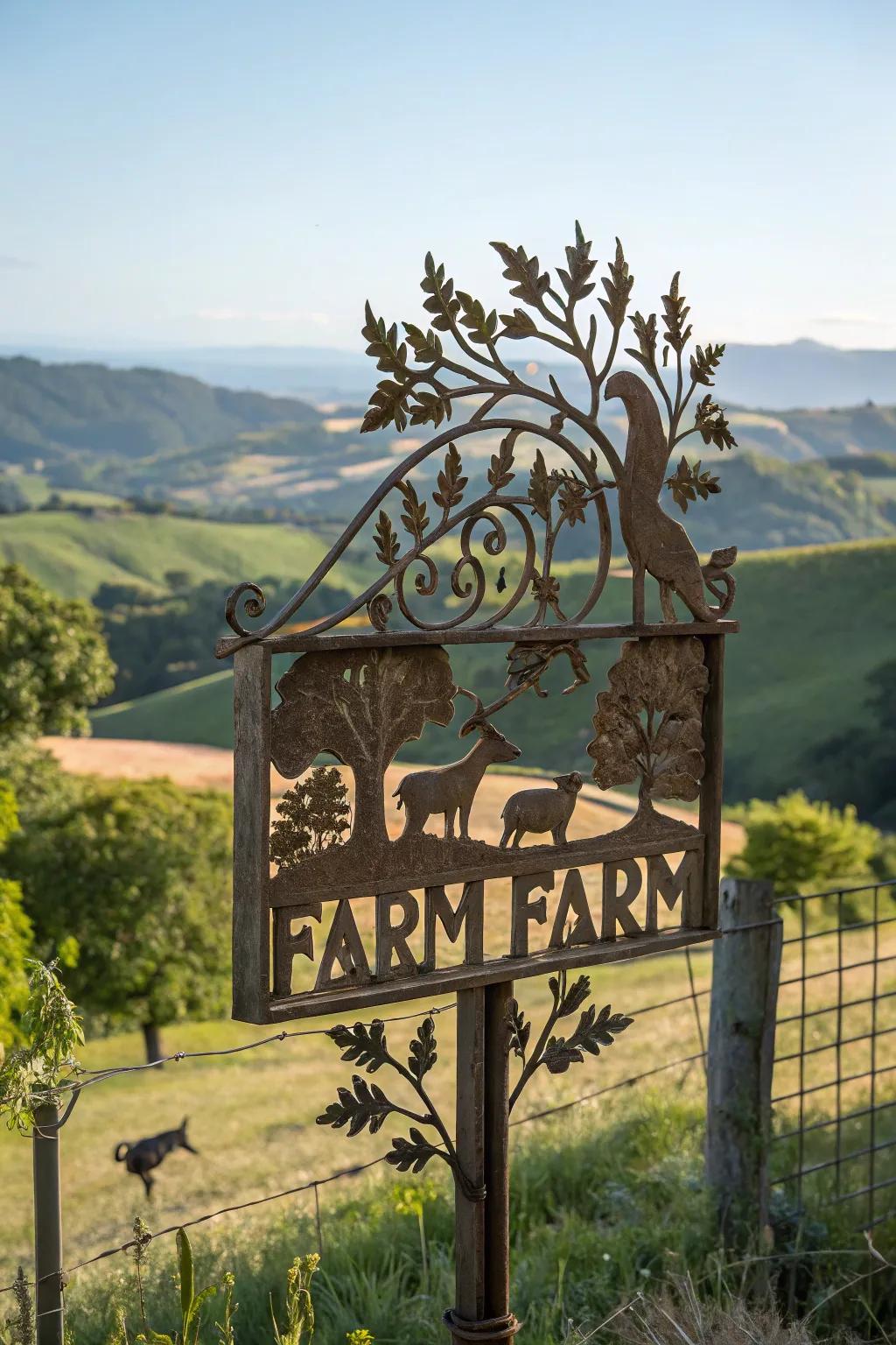 Artistic etchings unifying nature and ingenuity in a farm marker.