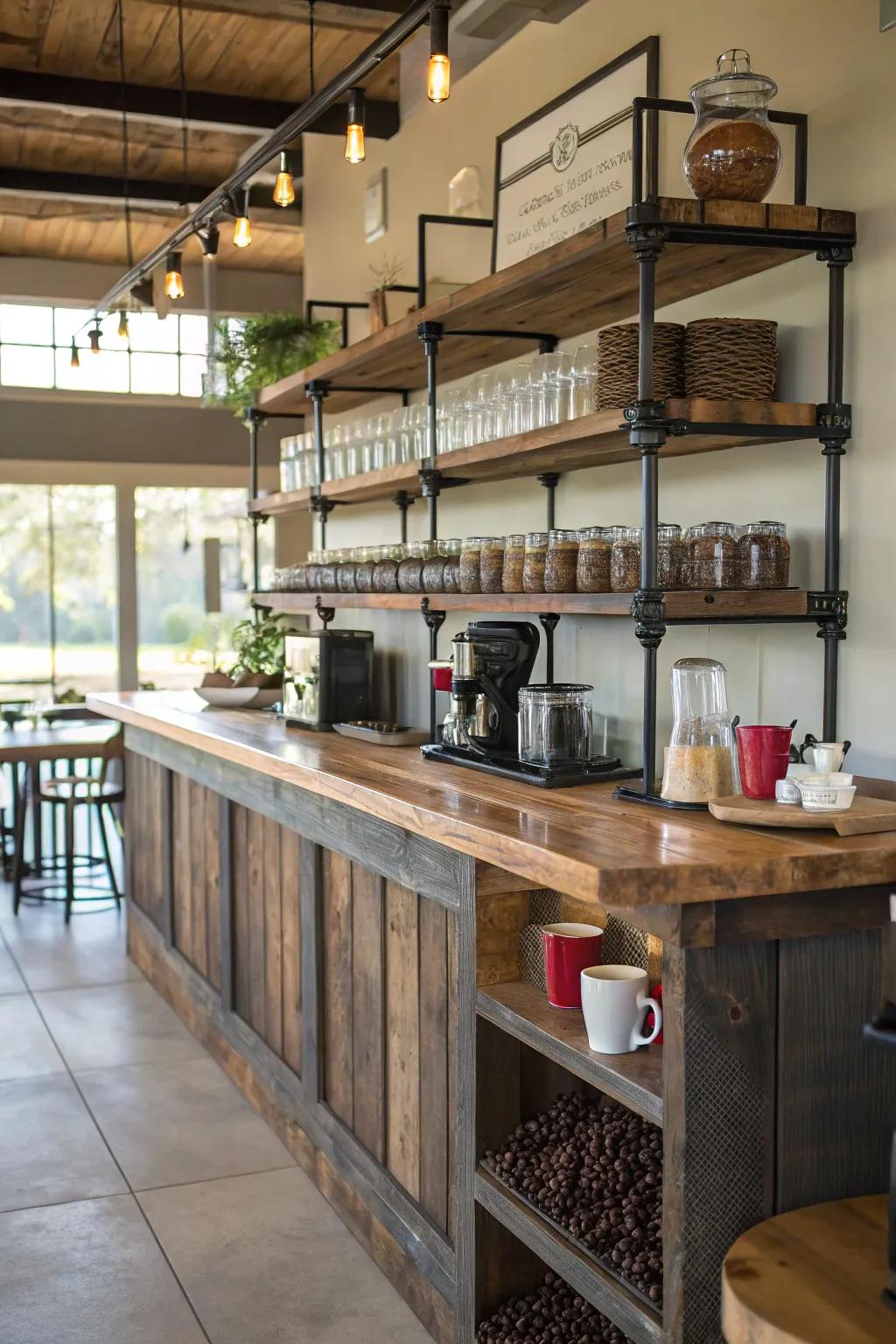 Industrial feel with handmade conduit shelving.